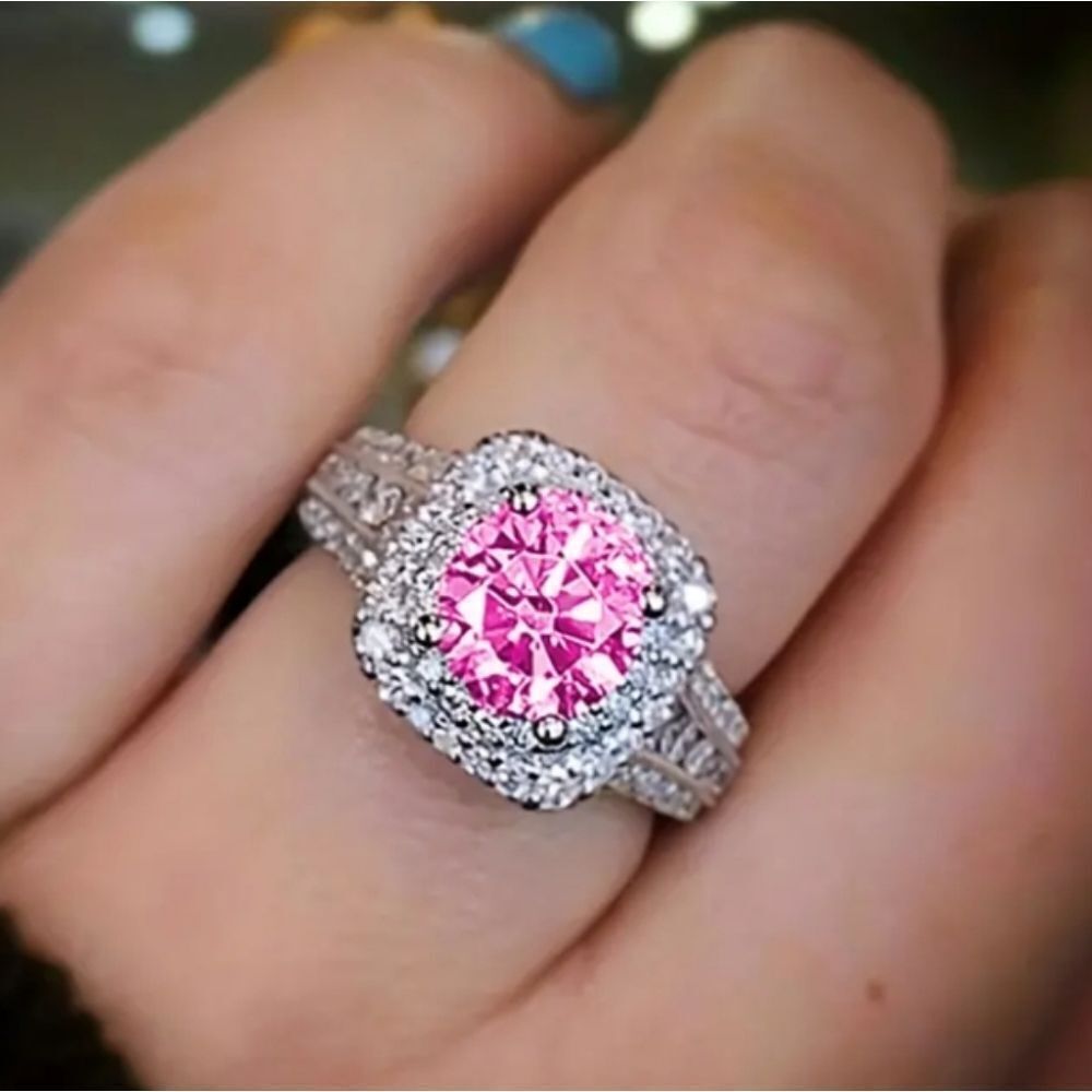 Ladies Pink Princess CutโStunning Diamond Ring sz 7